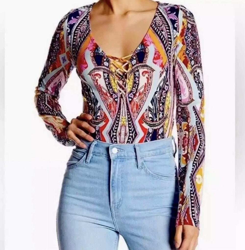 Free People Pick A Place Bodysuit Red Combo Paisley Lace-Up Long Sleeve Size S/P